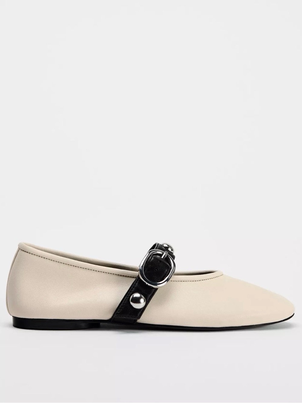 Women’s Cream Mary Jane Flats with Black Studded Strap